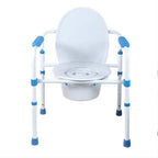 White toilet with blue accents and a white frame on a white background
