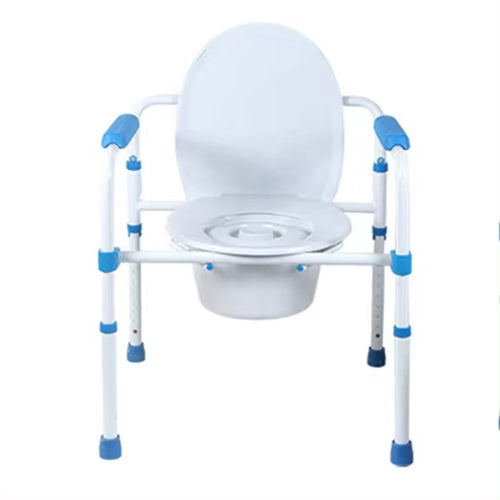 White toilet with blue accents and a white frame on a white background