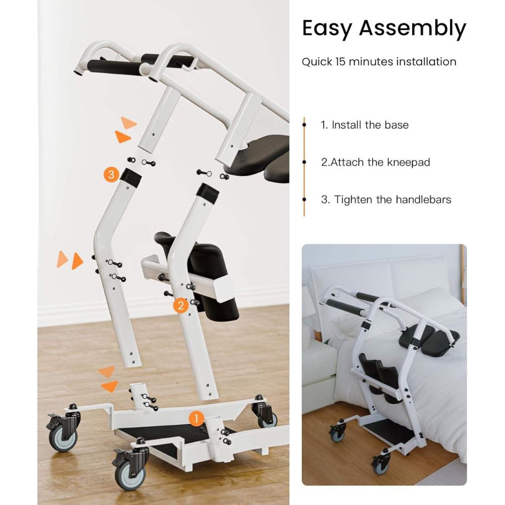 White exercise machine with assembly instructions on a wooden floor.